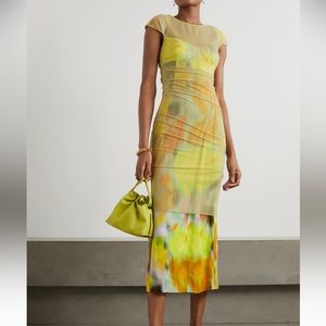 NWT Dries Van Noten Layered ruched chiffon and printed silk midi dress